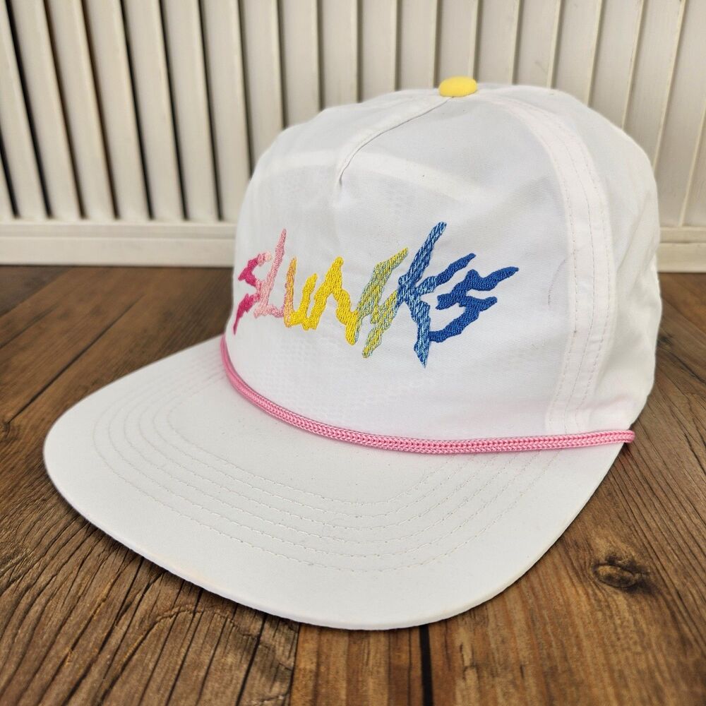Slunks Volleyball Rainbow Logo Snapback Rope Hat White Pink Athletic Adult Cap